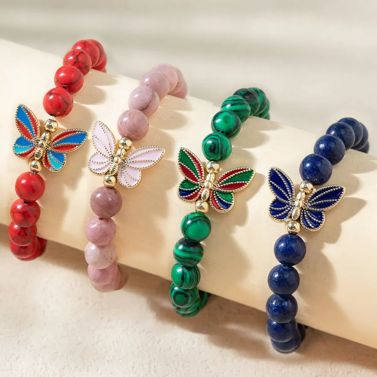 Strands Kirykle Enamel Butterfly Beaded Bangles 8mm Natural Lapis Lazuli Malachite Bead Stretch Bracelet for Women Healing Reiki Jewelry