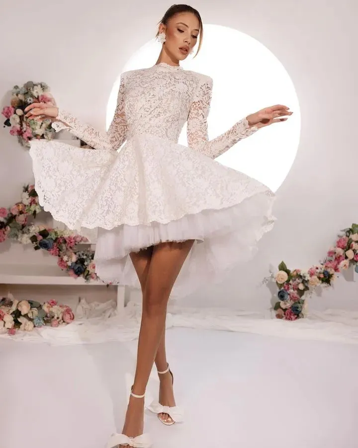 Plus Size Full Lace A-Line asymmetrical wedding dress with Long Sleeves, Jewel Neckline, Tulle Fabric, and Above-Knee Length - Customizable Bridal Plus Size Full Lace A-Line asymmetrical wedding dress with Long Sleeves, Jewel Neckline, Tulle Fabric, and Above-Knee Length - Customizable Bridal