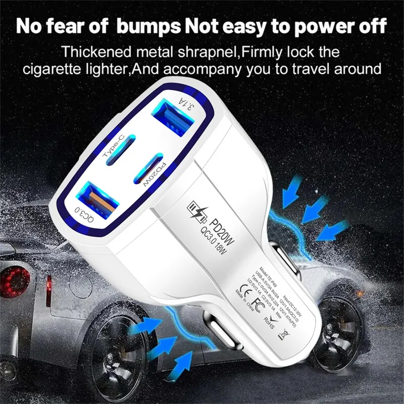 Goedkope TE-P49 53W Dual USB Dual PD 4 Port Car Charger Snel opladen PD Quick Charge 3.0 USB C Auto Telefoonladeradapter