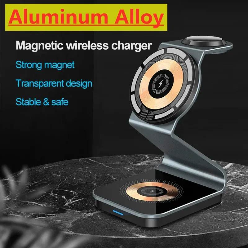 Chargers Magnetic 3 in 1 Wireless Charger Stand pour iPhone 14 13 12 Pro Max Mini 15W Station de charge sans fil pour Apple Watch AirPods