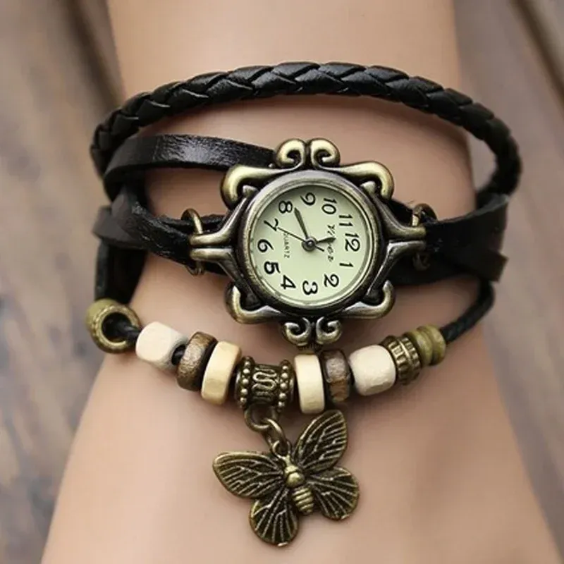 Strands Kadınlar Sıradan Vintage Çok Katmanlı Kelebek Sahte Deri Bileklik Saat Bayanlar Kadın Saat Moda Bileklik