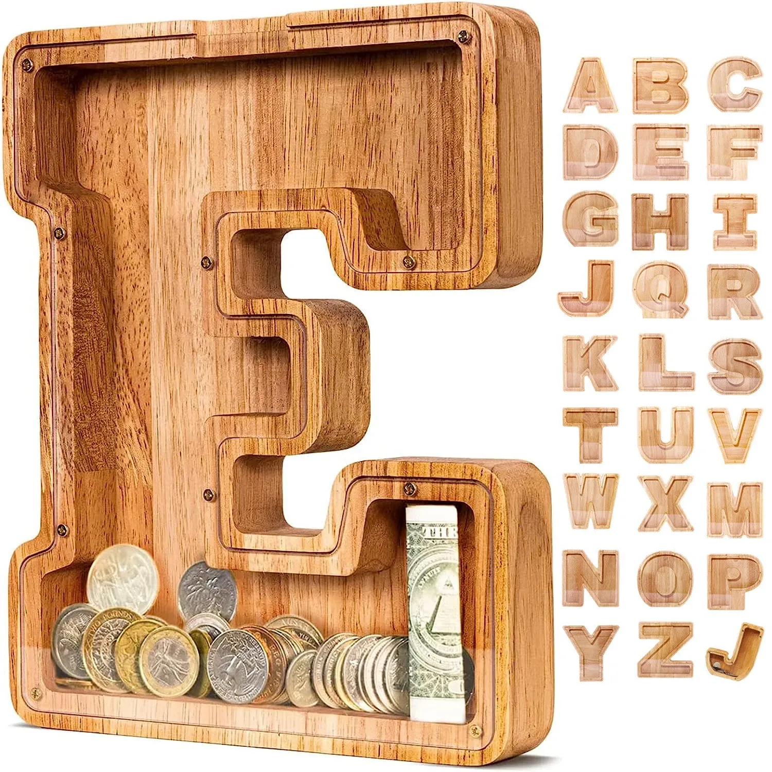 Scatole Lettera Alfabeto Legno in legno Coin moneta moneta in legno in legno Solido scatola di salva
