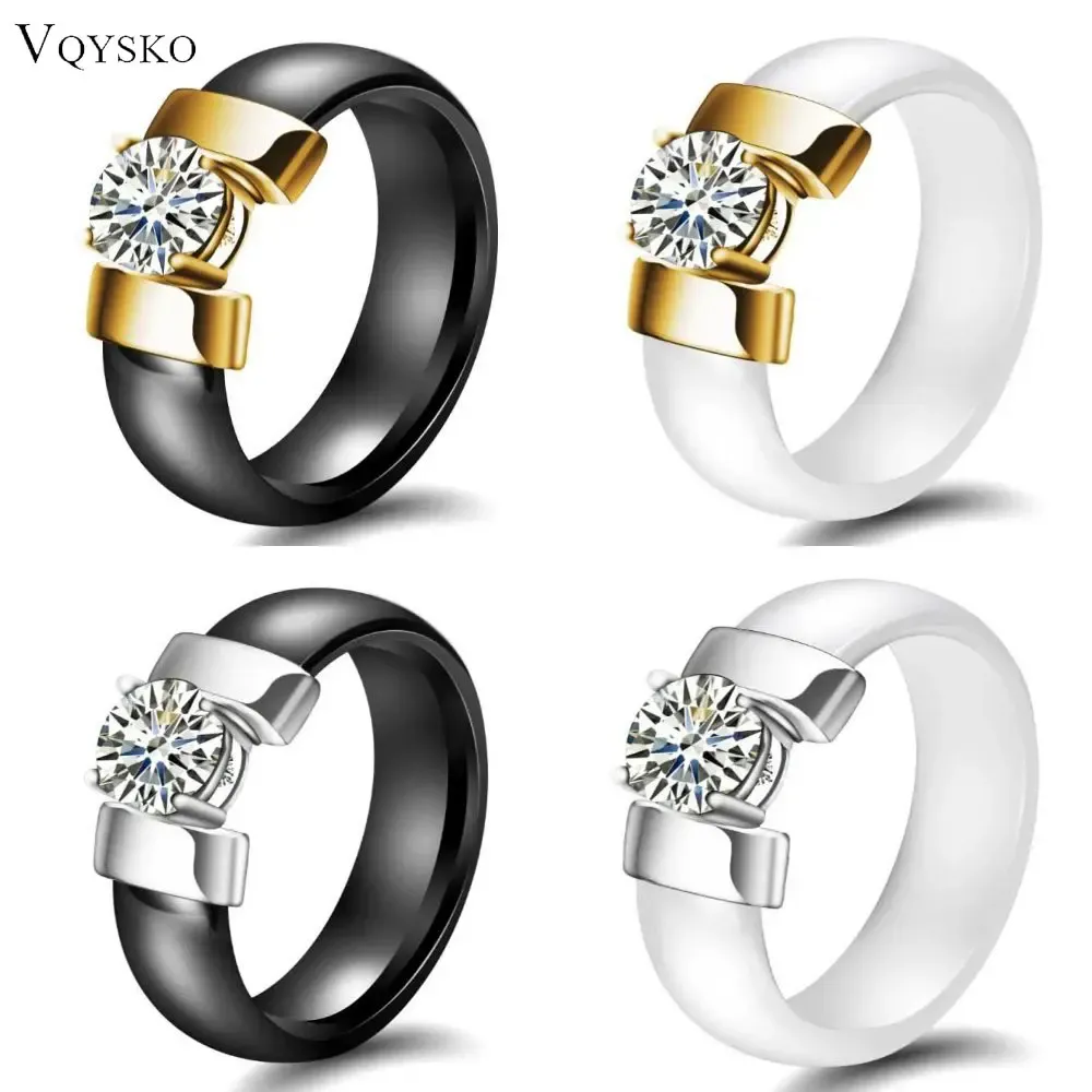 Band vita svarta keramiska ringar plus kubik zirkonium för kvinnor guld färg rostfritt stål kvinnor bröllop ring engagemang smycken 6mm