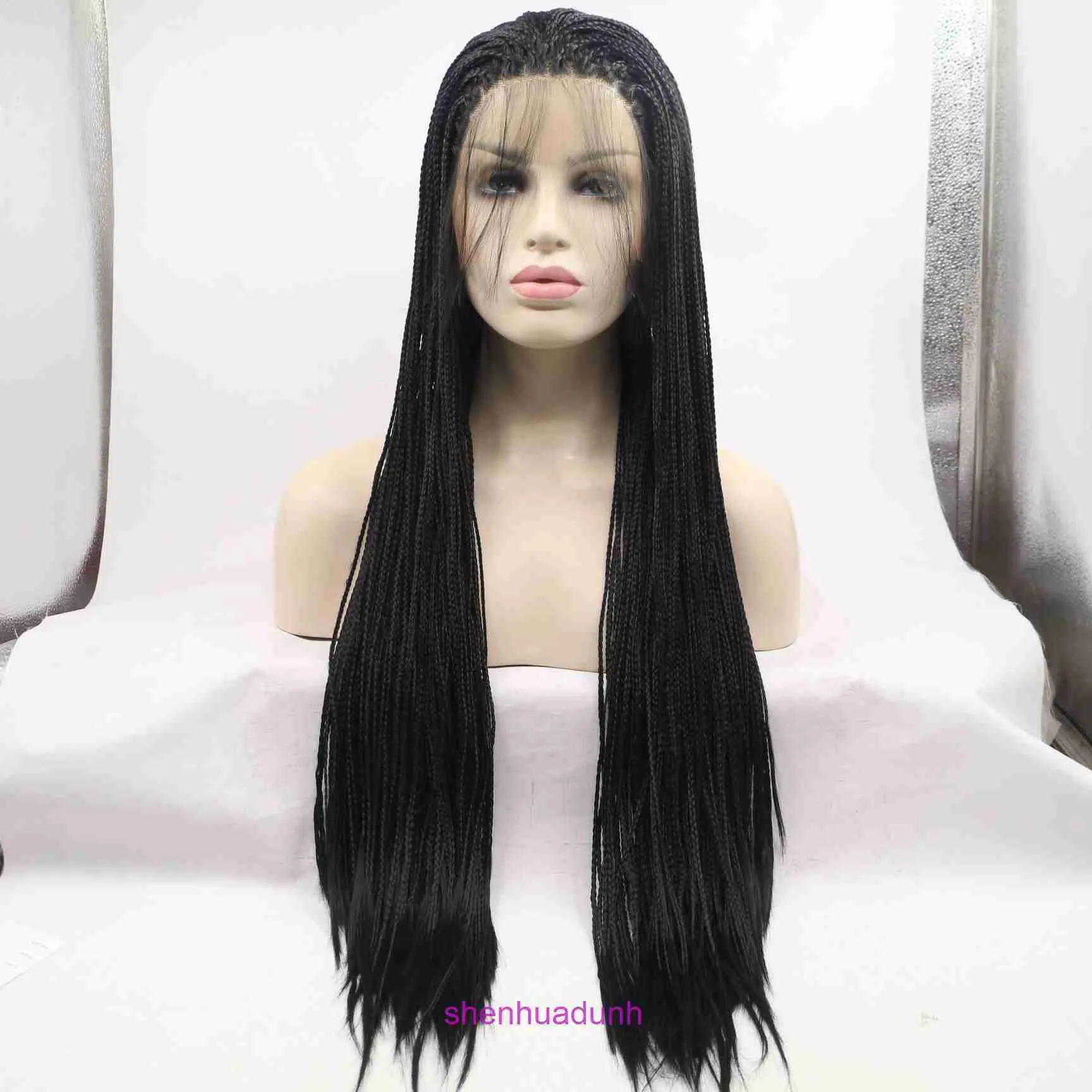 Sivia Hand Woven Three Braid Front Lace Synthetic Fiber Wig Black Doll Hair Headband