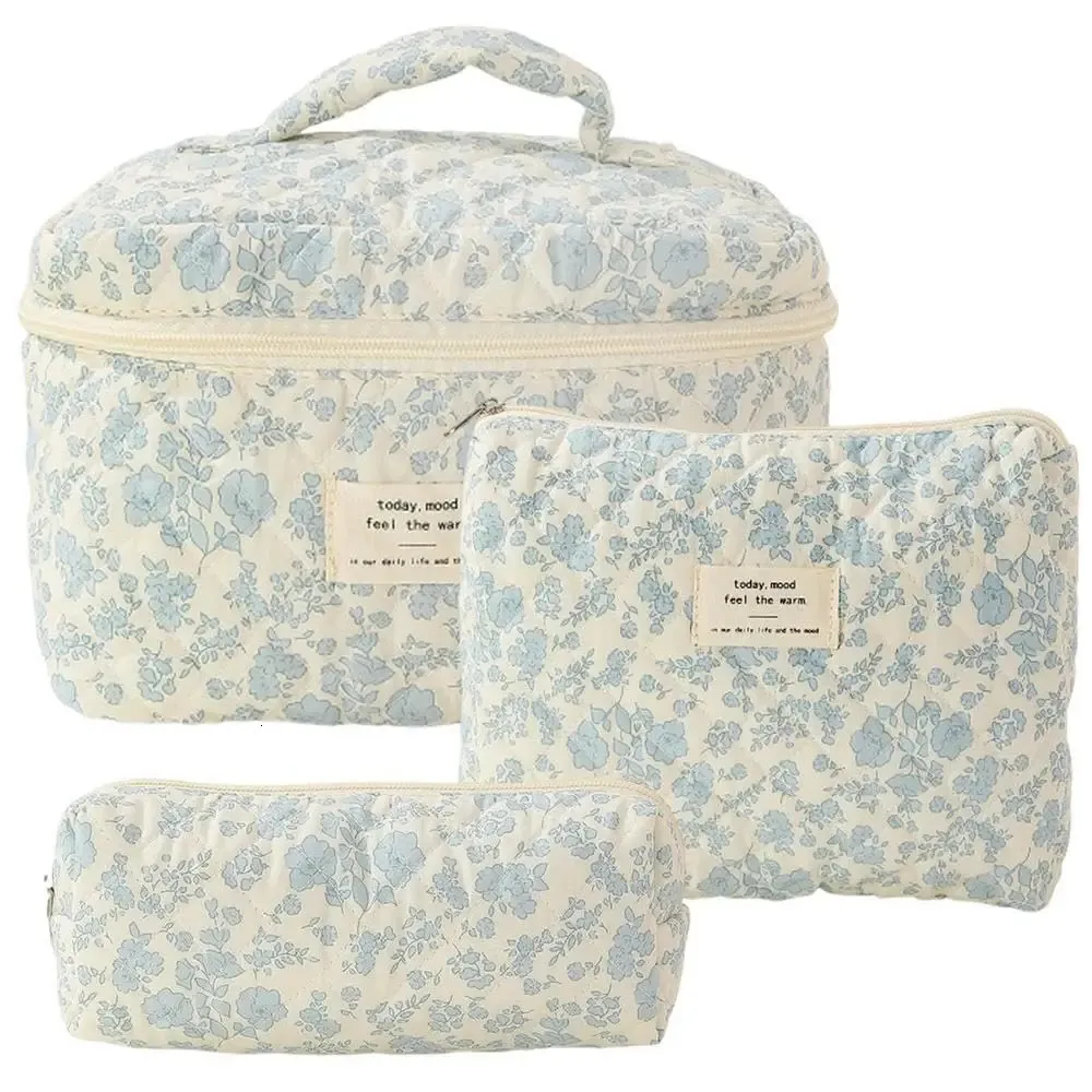 Söt quiltad bomullsmakeup väska kvinnor blixtlås kosmetisk arrangör kvinnlig tyg handväska box form bärbar toalettartikel fodral för flickor 240422