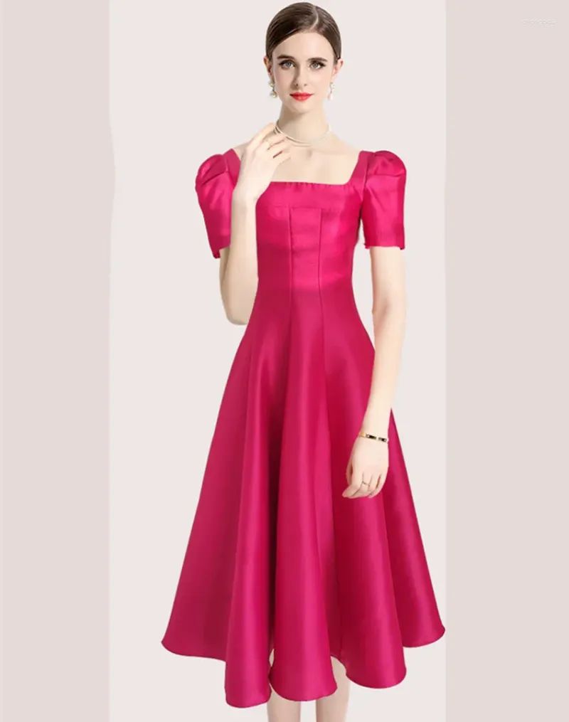 Party Dresses French Elegant Women Square Collar Prom Midi Dress High Quality Summer Rose Red Puff Sleeve Slim Ball Gown Vestidos