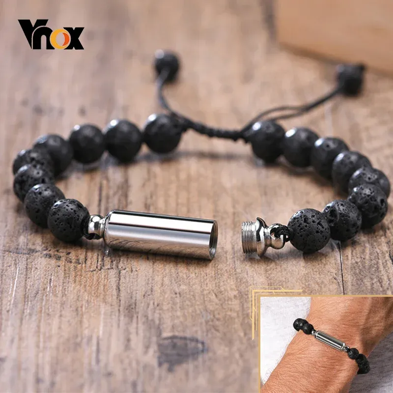 Strands Vnox Men's Casual Lava Stone Beads Urn Bracelets for Ashes, Hollow Tube Cremation Keepsake Memorial Jewelry,Length Adjustable