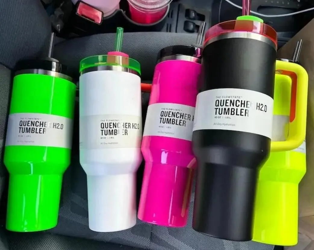 Electric Neon White Pink Black Mugs QUENCHER H2.0 40oz Stainless Steel Tumblers Cups with Silicone handle Lid And Straw Travel Car Water Bottles 0423