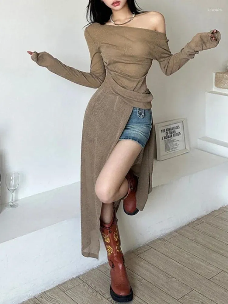 Lässige Kleider koreanischer eleganter fester Schrägkragen Vestido Sexy Streetwear Fashion Chic Langarm Robe Sommer Frauen y2k alle passen Grunge Match