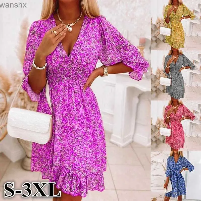 Vestidos casuales básicos 2023 Mujeres Moda de verano Bohemio Bohemio Tirador de cintura Pelover Deep V Tirk Beach Vestido estampado de manga corta Floral Vestido brillante