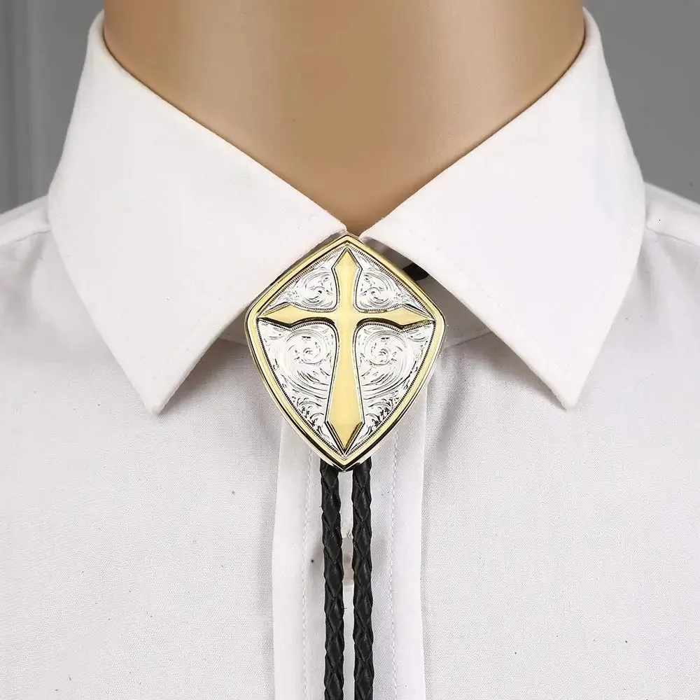 Gold Romen shield cross pattrn bolo tie for man Indian cowboy western cowgirl leather rope zinc alloy necktie 240423