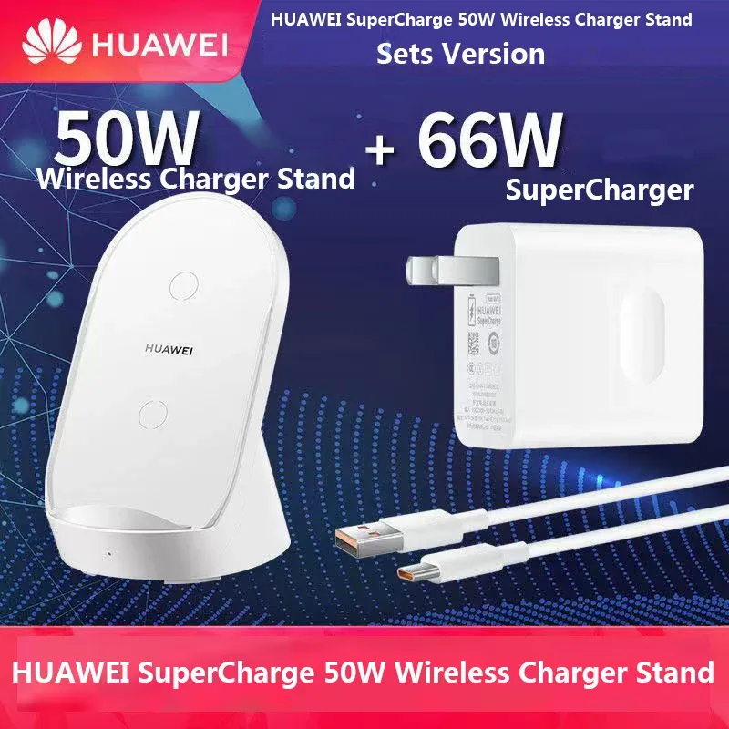 Laddare Huawei Supercharge 50W Wireless Charger Stand med 66W Supercharger CP62R Set Version Noisefree Dualcoil Design Air Gester