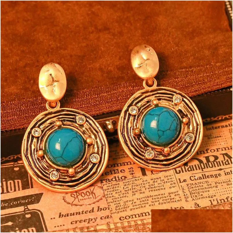 Dangle & Chandelier New Design Retro Turquoise Antique Style Earring Diamond 18K Gold Circar Pendant Ear Studs Ph-889 Drop Delivery J Dhf7E