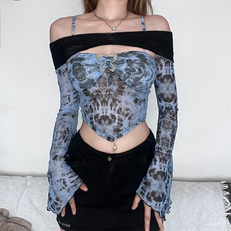 Kvinnors T-skjortor Kontrast Färgtryckt Mesh Twisted Two-Piece Set 2024 Bröst Tight Sexy Bell Sleeve Asymmetrical Pure Desire Style Top
