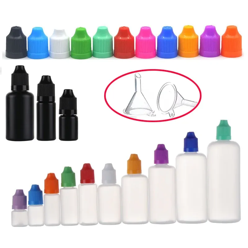 Garrafas 100pcs 3ml 5ml 10ml 15ml 20ml 30ml 50ml PE Garda de conta -gotas de plástico vazio E líquido Squeeze frasco com tampa à prova de criança e ponta fina