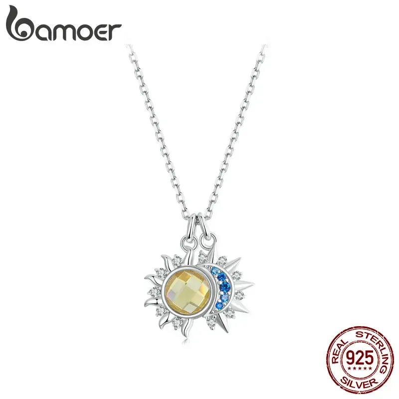 Halsband Bamoer 925 Sterling Silver White Gold Plated Sun and Moon Necklace Energy Pendant Neck Chain for Women Party Fine Jewelry Gift