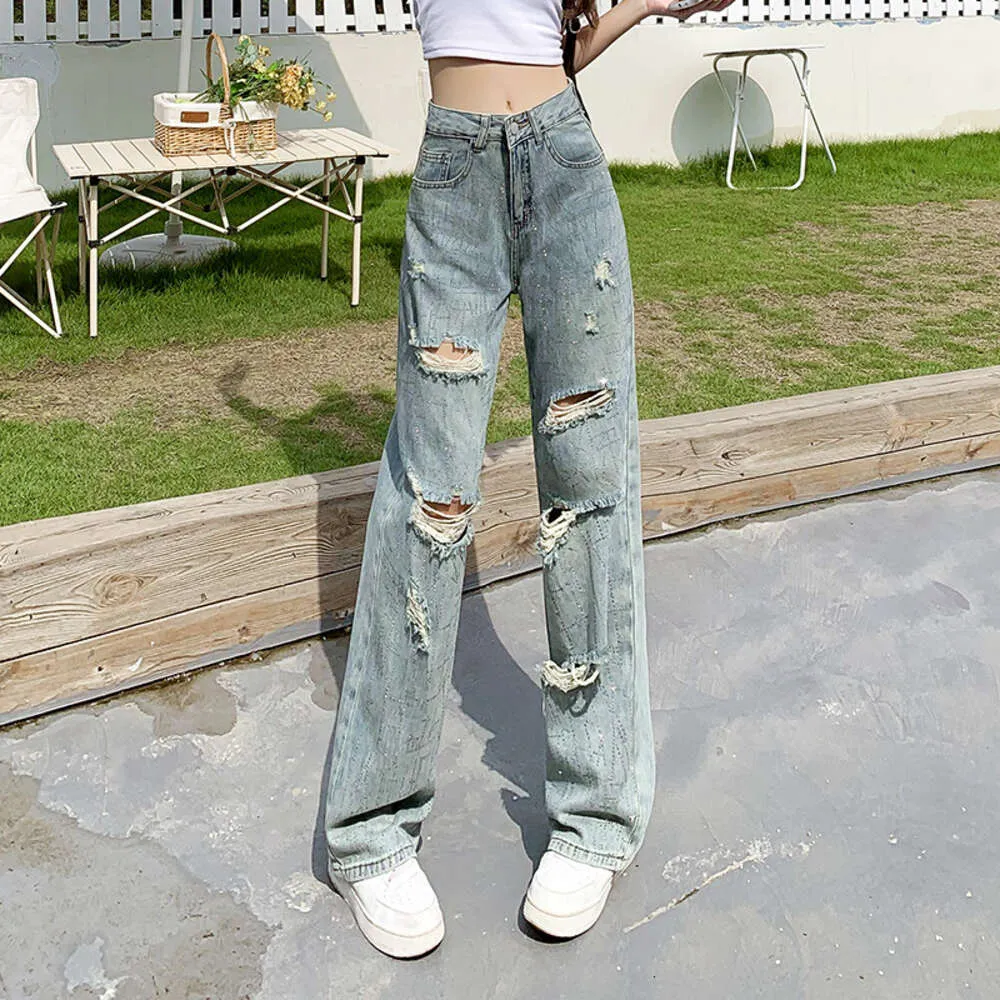 New Trendy Shuai Fried Street Pants High Waist Straight Barrel Washed Old Hole Jeans