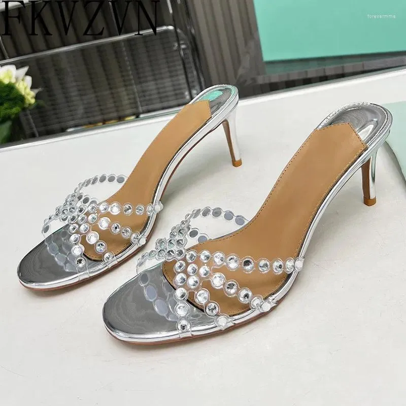 Pantofors cavo di cristalli chiari catene sexy tacchi alti scarpe da festa aperta sandali strass estivi per donne