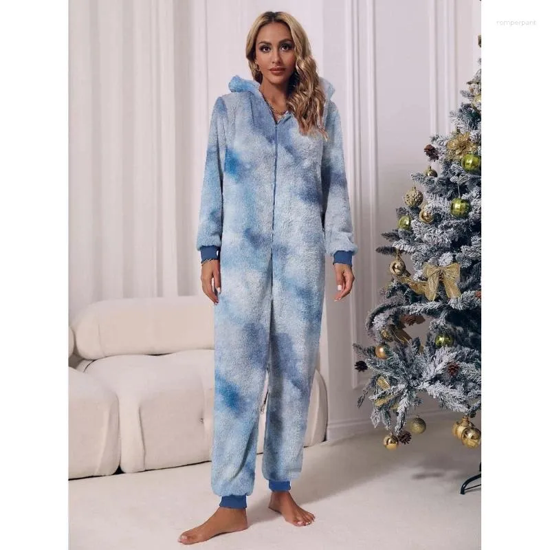 Kvinnors sömnkläder kvinnor vinter varma onesie pyjamas slips färgämne fuzzy fleece dragkedja huva jumpsuits