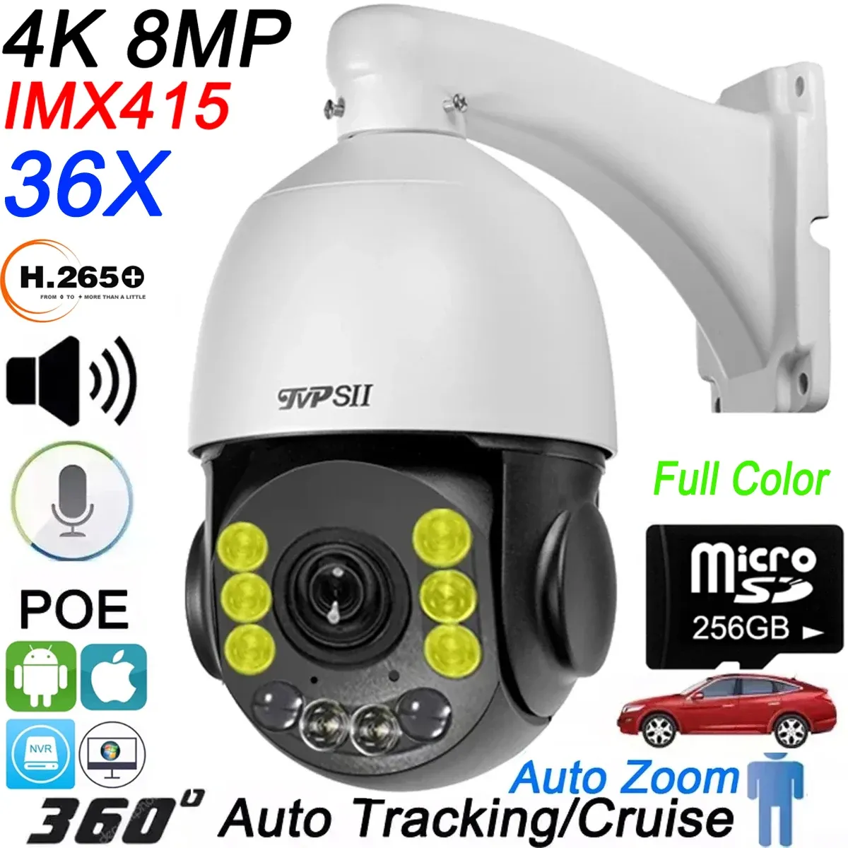 Lens Full Color Auto Tracking Cruise 8MP 4K 36X Optical Zoom Rotation Audio Outdoor ONVIF POE PTZ IP Surveillance Speed Doom Camera
