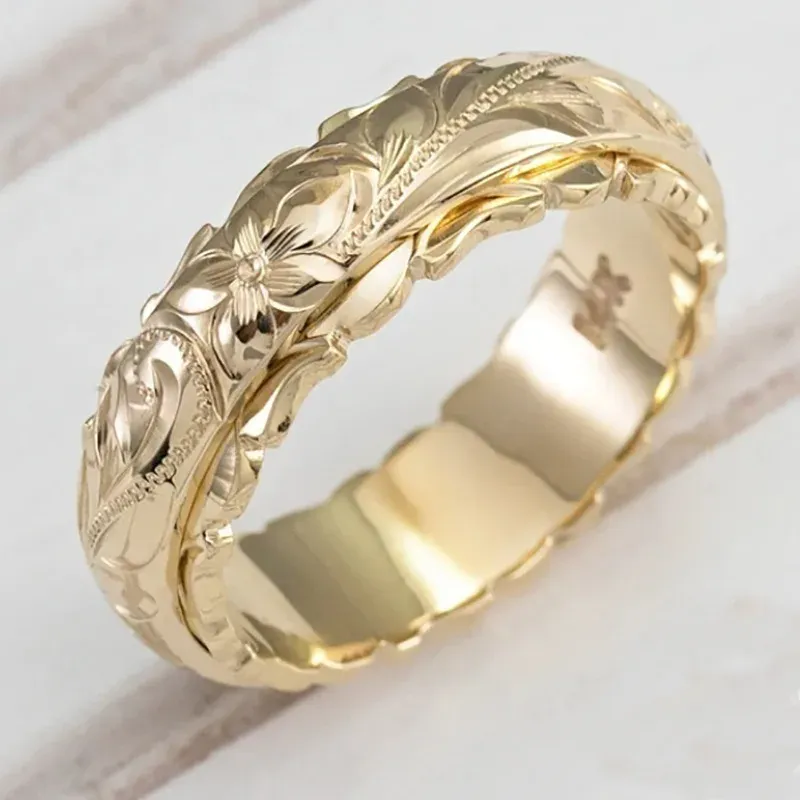 Zespoły ręcznie rzeźbione hawajskie dziedzictwo Dziedzictwo Scroll Wedding Połączka 14K Gold Grawated Plumeria Flower Pierścień dla kobiet lub mężczyzn