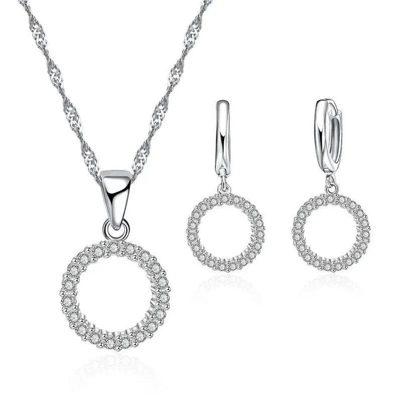 Collane 925 Sterling in argento stampato di gioielli da sposa set di perle zirconia cubiche Orecchini a cerchio Girls Girls Engagement Anniversary