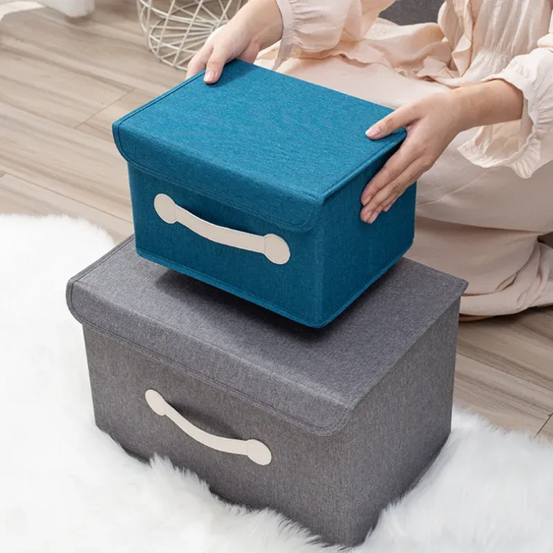 BINS HUSHUSHETSLAGGNING BOX MED LÄDER HANDELAGE Fabric Storage Box Finish Box Garderob Vikbar förvaringslåda Täck Organiserare