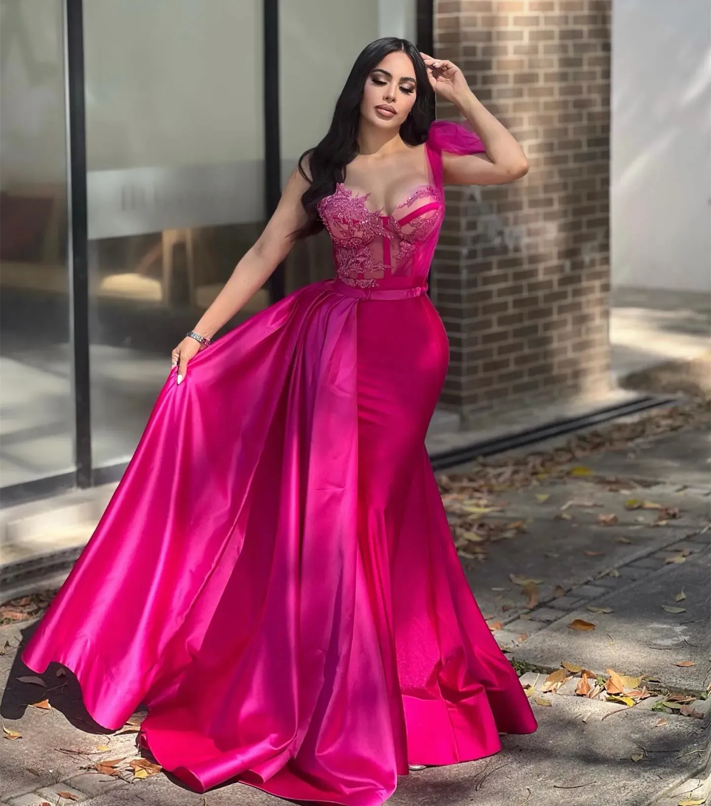 Sexy Fuchsia Mermaid Prom Dresses One Shoulder Strap Long Evening Dress for Women Sweetheart Neck Lace Appliques Beaded Special Occasion Gown Birthday