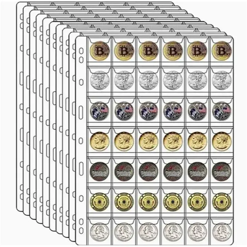Albums 10pcs 42 Pockets Coin Holder Sheet Clear Storage Collection Album Folder Book Medallion Coin Stamp Coins Token Medallion Badge