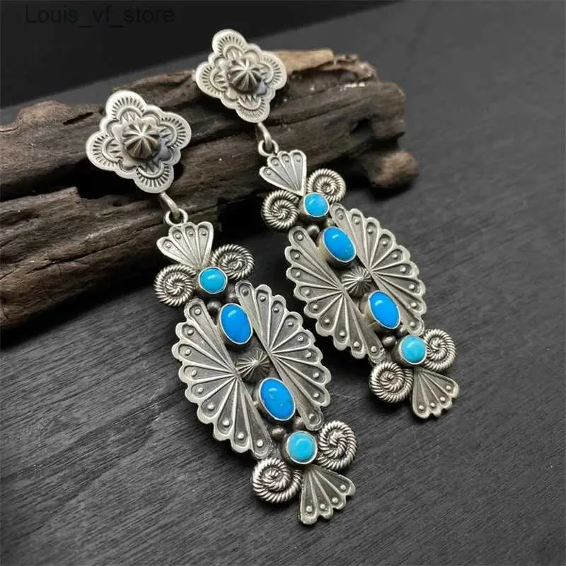 Chandelier en pente ethnique rond incrusté de boucles d'oreilles en pierre bleue pour femmes couleurs argentées vintage motif spirale de sculpture h240423