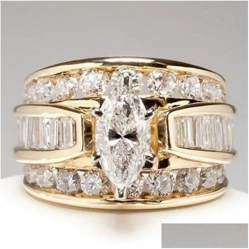 Ringar nya ankomst lyxiga smycken 925 Sier Gold Fill Fill Marquise Cut White Topaz Cz Diamond Party Women Bridal Ring för födelsedagsfall del Otmep