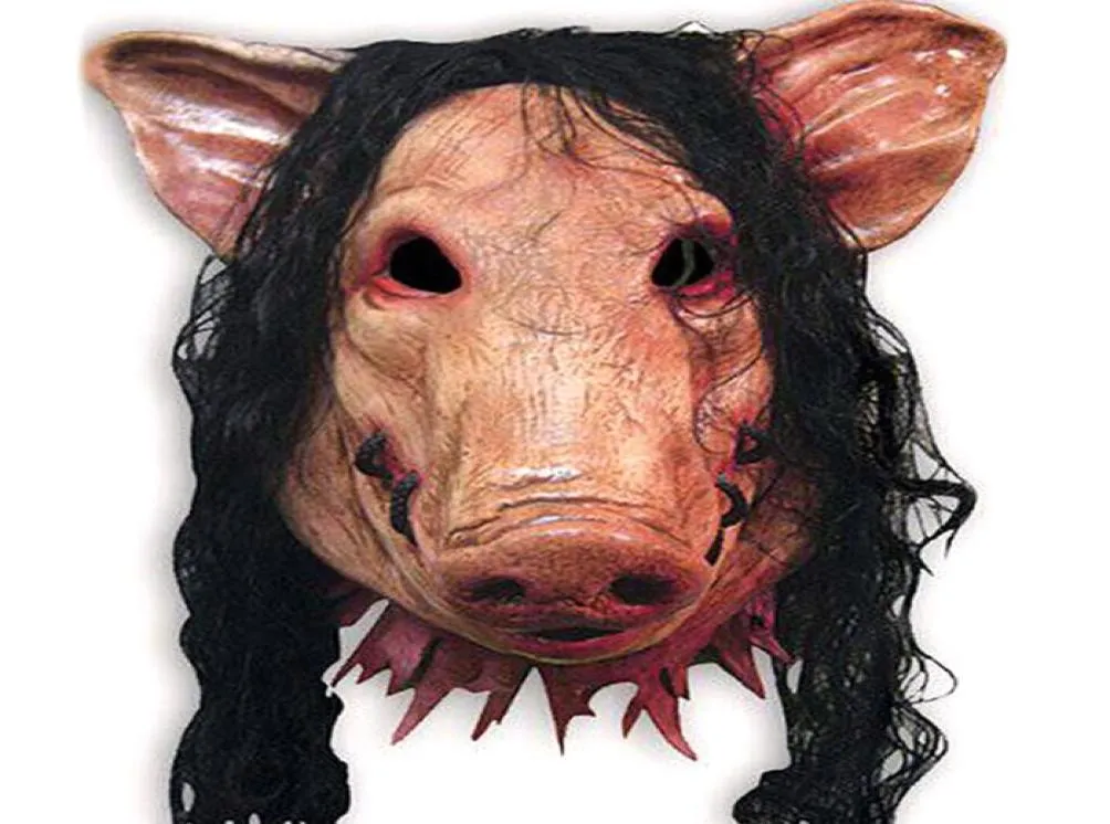 Schweinkopf mit schwarzem Haar Siliziummasken Halloween Party für Vollkopf Cosplay Kostüm Moive Werkzeuge Erwachsene Säge Tier Scary Masken 9505801