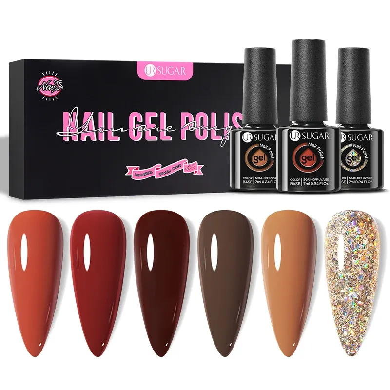 Kits UR SUGAR 6PCS Nail Polish Set Nude Brown Coffee Gel Varnishes Kit Soak Off UV LED Gel Semi Permanent Nail Art Base Top Coat Set