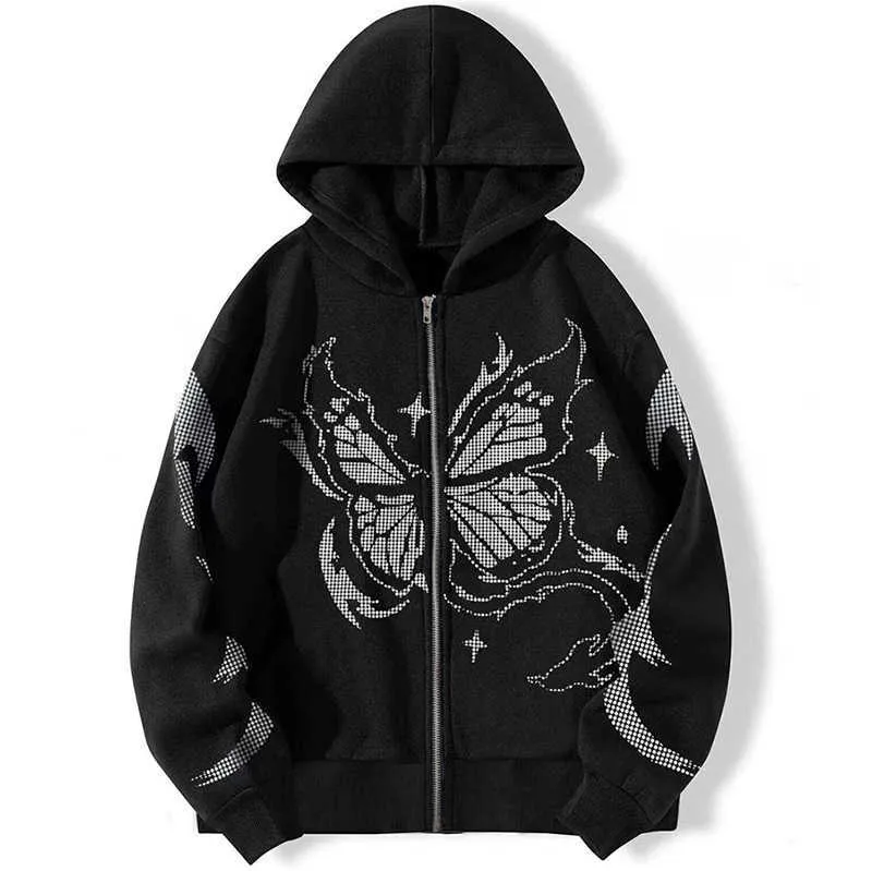 New Y2K Butterfly Print Zipper Hoodie, Casual Loose Cardigan Coat
