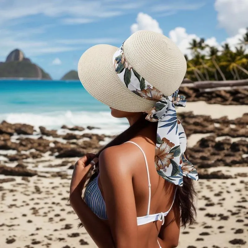 Szerokie krawędzi Kobiety Summer Słomy Hat Soldoable Sun Flooppy Roll Up Cap Sznurka