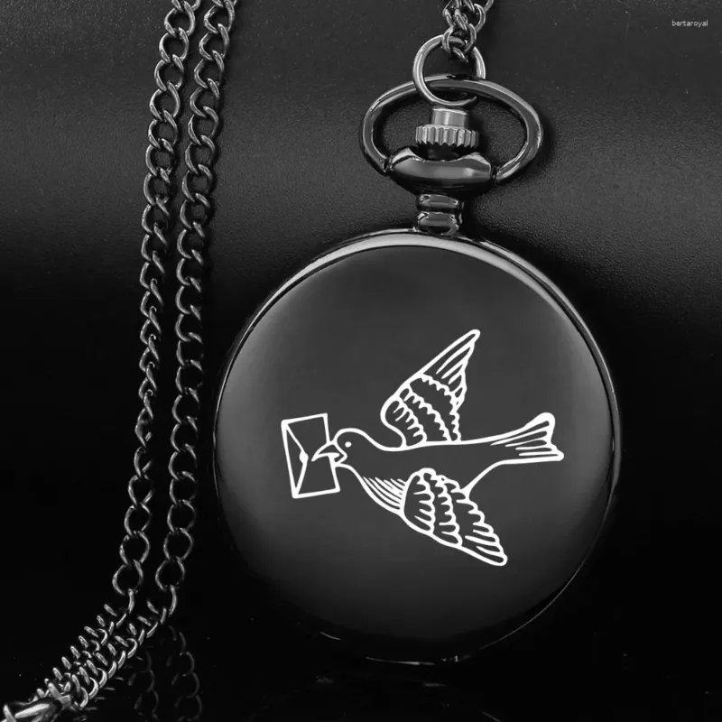 Relógios de bolso pombos voadores carregam mensagens design esculpir inglesa alfabeto face assista a cadeia preto quartzo aniversário presente perfeito