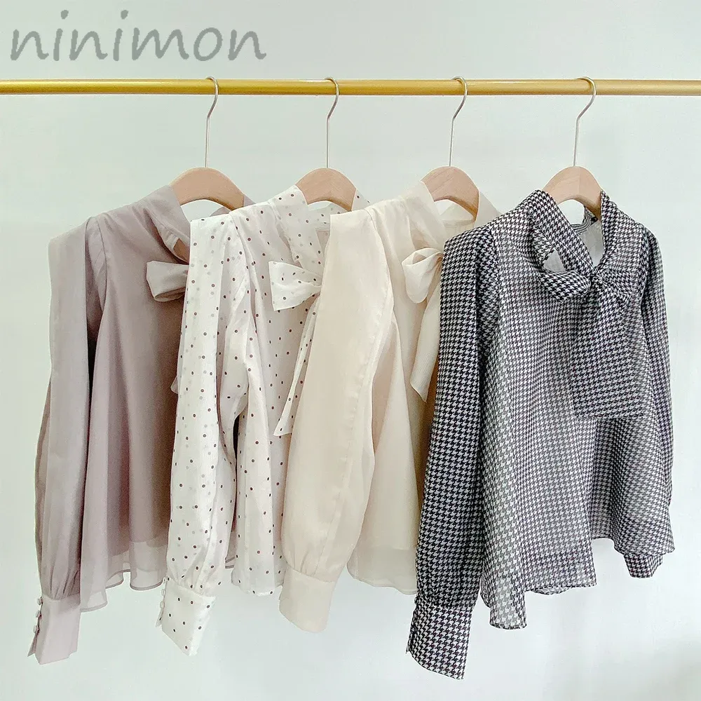 Sets Ninimon Organza durchbluse retro point print gekräuseltes Hemd Mesh Elegant Chic Bow Schnürung Chiffon Herbst Top Office Wild wild