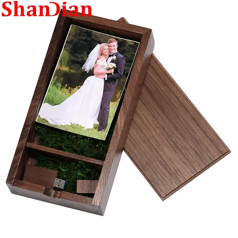Drives Shangdian Wedding Photo Frame USB Flash Drives Natural Wood 128 GB Gratis anpassad logotyp Pen Drive Pendant Memory Stick Wedding Present