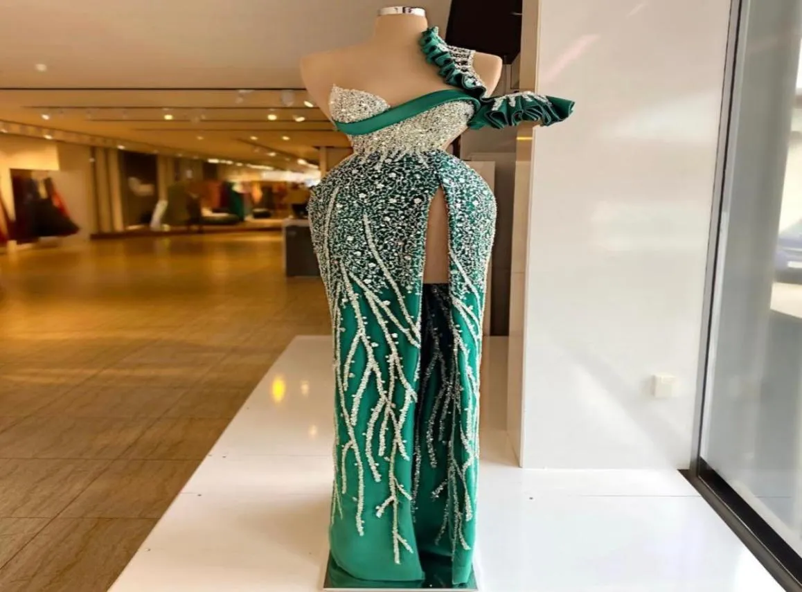 One ramię zielone sukienki wieczorowe syreny krystalicznie z koralikami rozdzielają się formalne suknie balowe na zamówienie konkurs