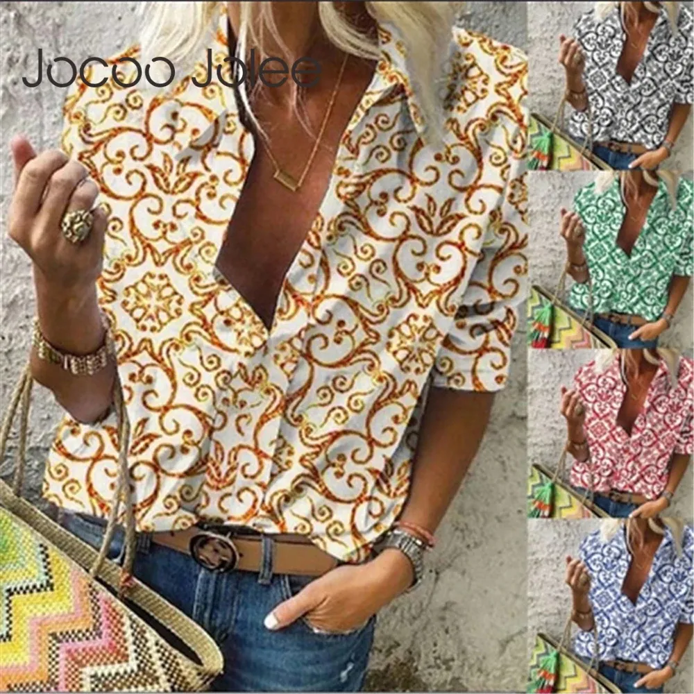 Camisa jocoo jolee casual manga longa padrões geométricos camisas elegantes blusas de chiffon soltas harajuku tops overizeds chique