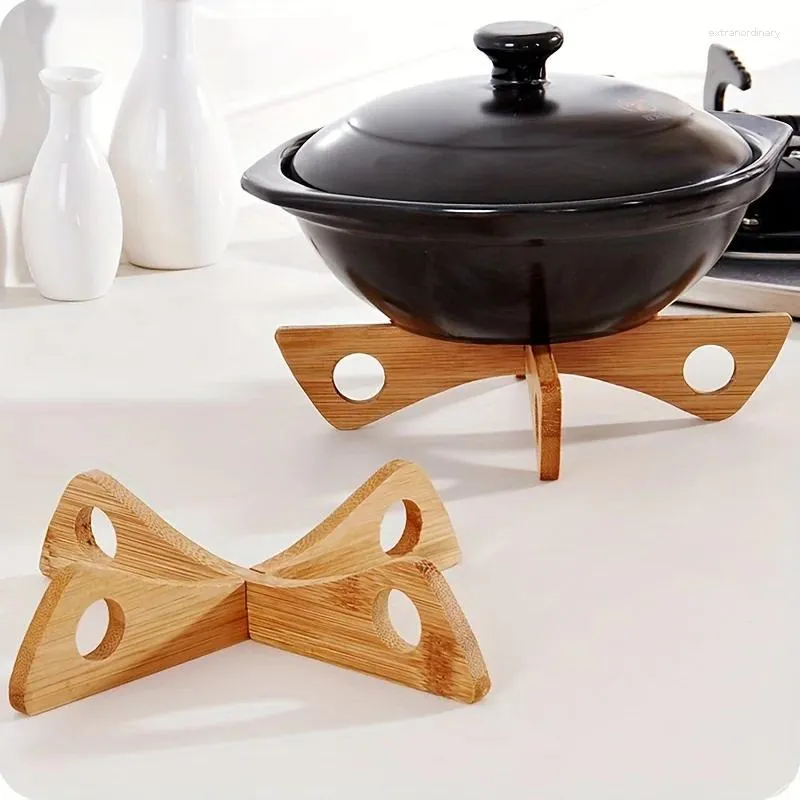 Kitchen Storage 1pc Household Bamboo Pot Holder Cross Base Bracket Dish Mat Drain Bowl Long Frame