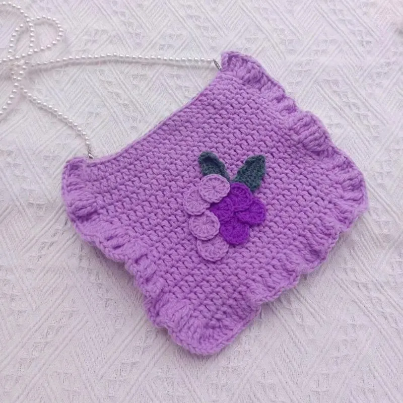 Evening Bags Grape Women Shoulder Bag Pearl Strap Yarn Crochet Handmade Lady Shopping Handbag