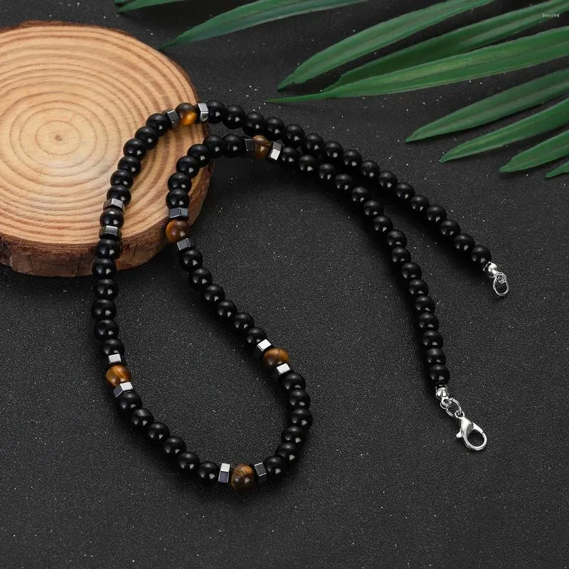 Strand Fashion Mens Necklace 6mm Obsidian Tiger Eyes Stone Beaded Necklaces Handmade Minimalist Jewelry Homme Black Chokers Gift