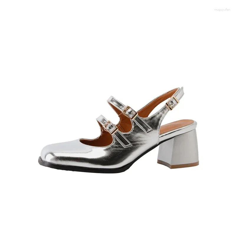 Klänningskor plus storlek 41 42 43 svart silver chunky höga klackar Mary Jane kvinnor fyrkantiga tå dubbla spänne pumpar slingback damer sandaler