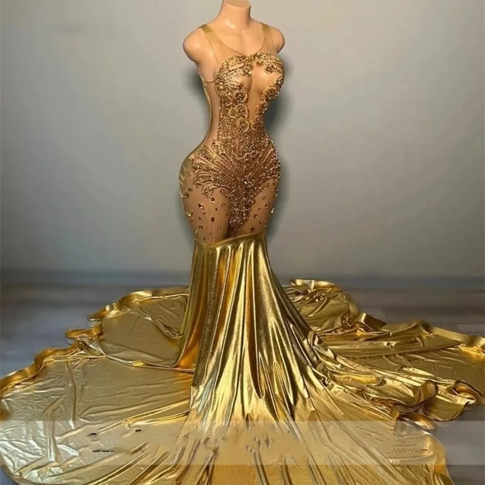 Glitter Gold Diamonds Long Prom Dress For Black Girl Beaded Crystal Rhinestones Birthday Paty Gowns Robe De Soiree