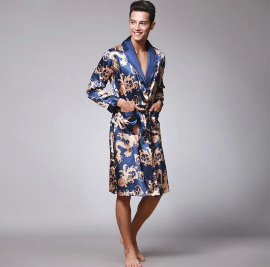 Китайские драконные одежды для сочиской одежды мужчины полные цветочные ванны элегантная черная халата пижама шелковая пижама мода дома халат для ванны 3021052