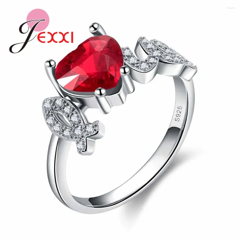 Cluster anneaux "I Love You" 925 STERLING Silver Red Heart Ring CZ Zirconia Jewelry Brand Brand Engagement Hearts For Women Gift