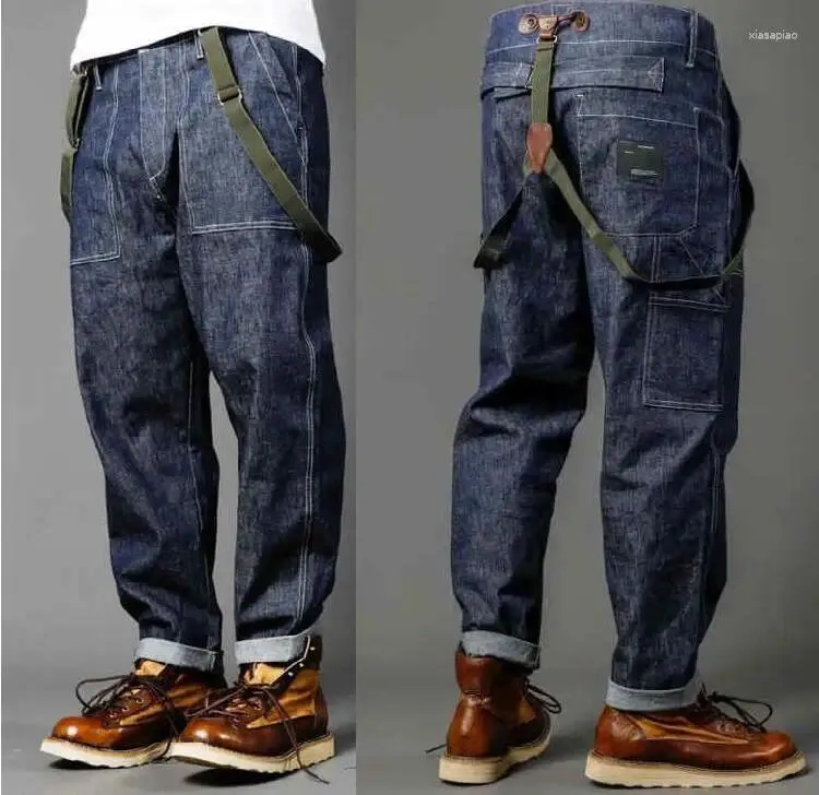 Mäns jeans rak axelrem att lösa denim övergripande avslappnad multifickor