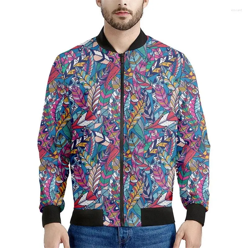 Jackets masculinos Bohemian Feather Pattern Men D Impresso de manga longa Selta Tops Rua Grande Bomber Zipper Jacket Coat