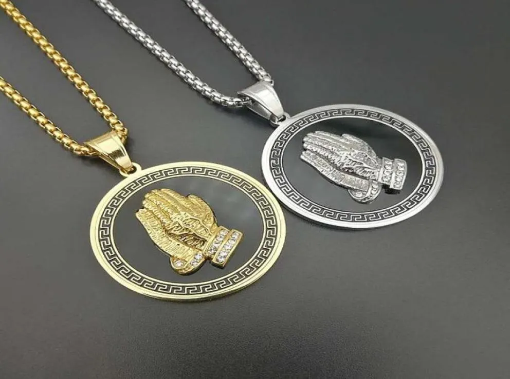 Hip Hop Zircon Men smycken som ber händer och bibelhalsband med vetekedja för män 18k guld pläterad steel6044193